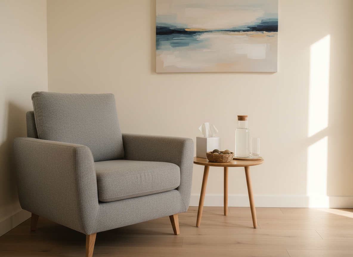 A serene consultation room corner with a single, generously cushioned armchair upholstered in textured dove-grey fabric, facing a low round wooden side table holding a box of tissues, a glass carafe of water, and a small woven basket with smooth worry stones. The background shows a pale, soothing wall with an abstract, non-figurative artwork in muted blues and creams. Natural afternoon light enters from an unseen window, creating soft, even illumination and faint shadows along the floor. Photographic realism, composed using the rule of thirds with a comfortable viewing height, reinforcing a mood of safety, containment and compassionate psychotherapy support without any human presence.
