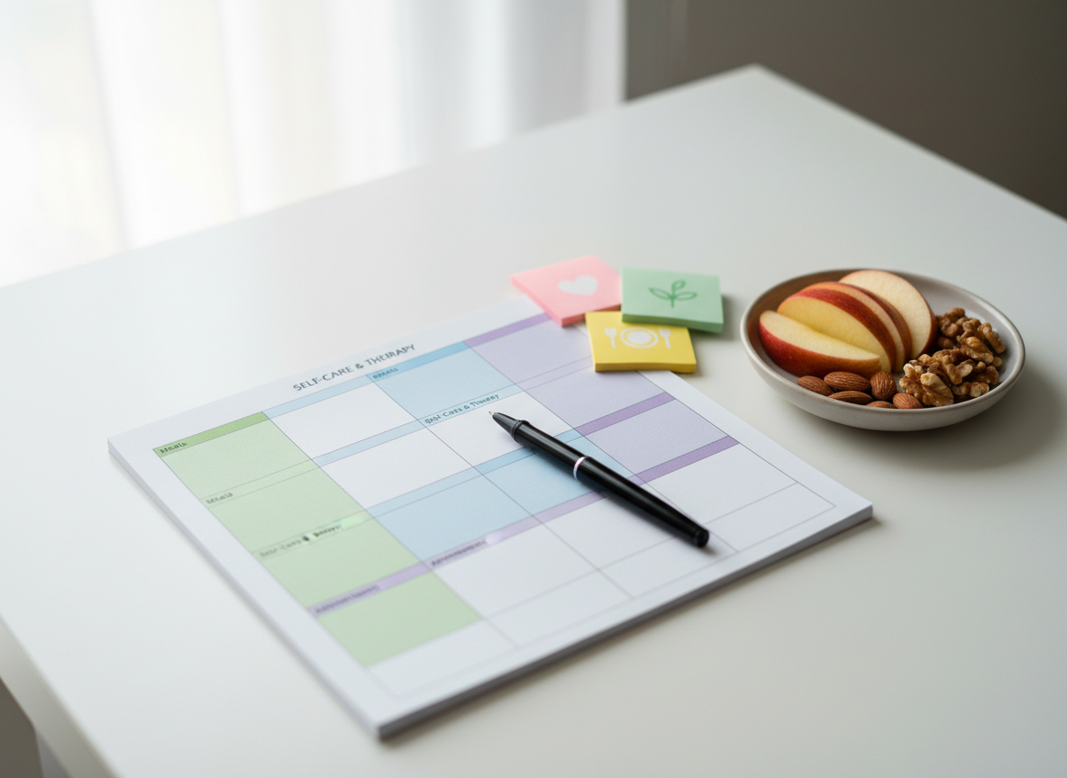 A carefully prepared recovery planning scene on a clean white table: a printed weekly planner with color-coded sections for meals, self-care and therapy, a fine-tipped pen resting diagonally across the page, and three sticky notes with simple icons like a heart, a plate, and a small sprout to symbolize growth. Nearby sits a small, healthy snack plate with sliced apple and a few nuts, arranged mindfully on a matte ceramic dish. Soft, overcast window light creates a gentle, shadow-free atmosphere. Photographic realism from a slightly elevated angle, with a shallow depth of field. The mood is hopeful, organized and supportive, emphasizing practical, evidence-informed guidance in eating disorder recovery.